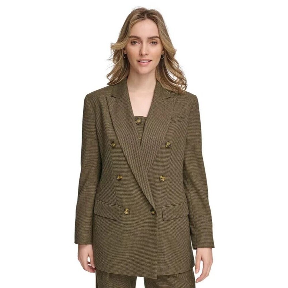Calvin Klein Women’s X Fit Double Breasted Houndstooth Blazer Jacket Brown 8